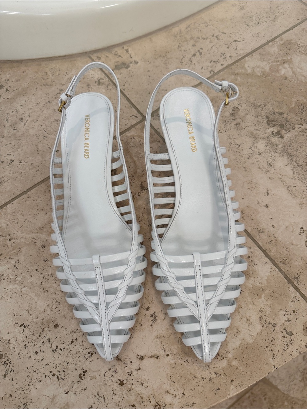 Veronica Beard White Strappy Pointed Slingback kitten heel